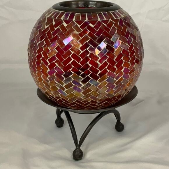 VTG RED AMBER ORANGE MOSAIC GLASS TEALIGHT CANDLE HOLDER WROUGHT IRON STAND - Picture 4 of 8